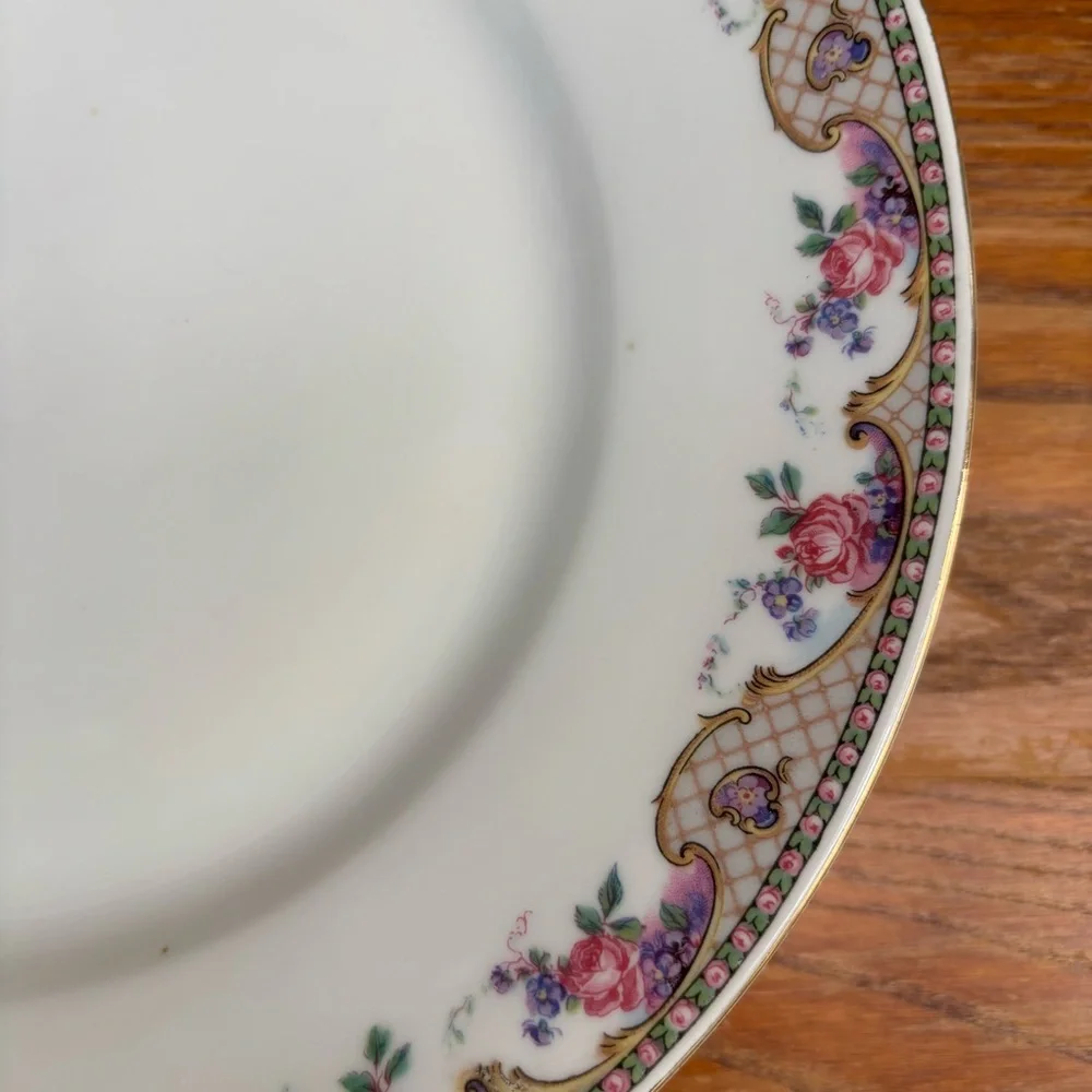 Vtg Victoria Czecho-slovakia Dinner plates  Pat. 272 Pink Roses gold basket 3 pc